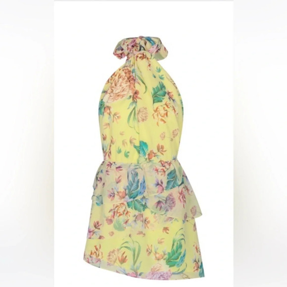 🌼NWT Floral Tropical Yellow Halter Asymmetrical Mini Dress, Yellow, Small - Picture 4 of 6